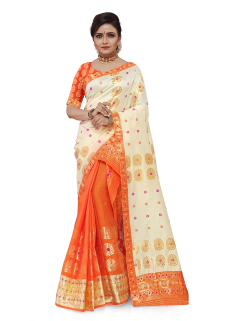 

Skirans Orange & Cream-Coloured Woven Design Assamese Mekhla Chador Saree