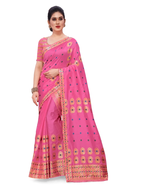 

Skirans Pink & Gold-Toned Woven Design Zari Assamese Mekhela Chador Saree