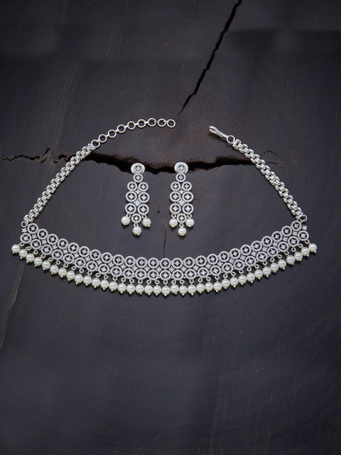 

Kushal's Fashion Jewellery White Rhodium-Plated Choker Necklace with Earrings