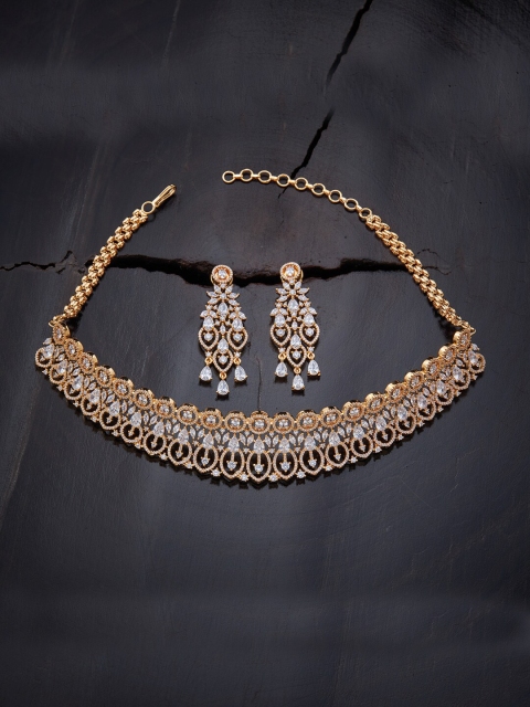 

Kushal's Fashion Jewellery White CZ -Studded Gold-Plated Choker Necklace Set