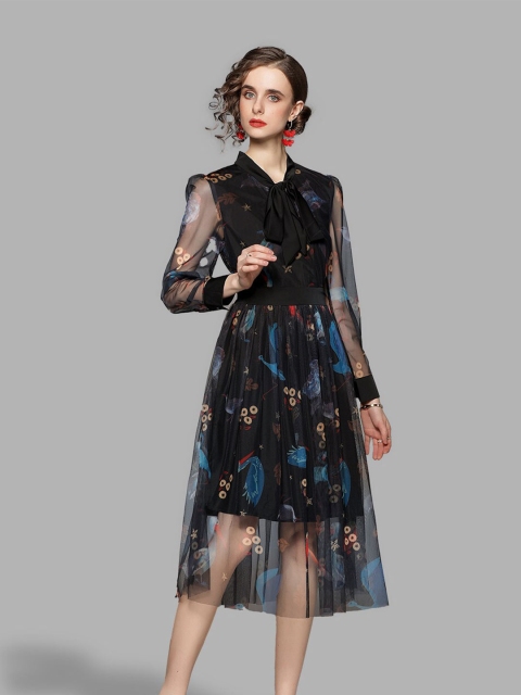 

JC Collection Black Floral Tie-Up Neck Midi Dress
