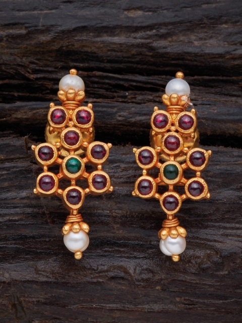 

Kushal's Fashion Jewellery Red & Green 92.5 Pure Silver Temple Drop Earrings