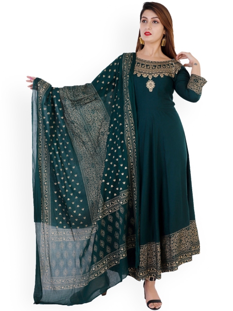 

SBR BABA KURTI Women Green Ethnic Motifs Embroidered Thread Work Anarkali Kurta