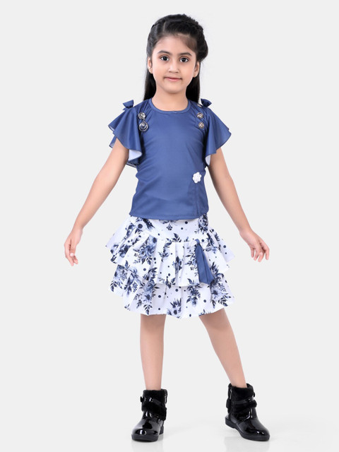 

POPLINS Girls Blue Printed Cotton Top with Skirt Clothing Set