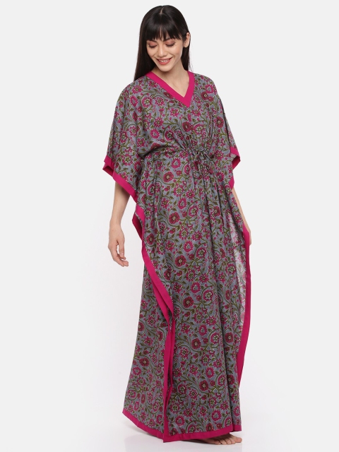 

9shines Label Grey & Fuchsia Floral Printed Pure Cotton Maxi Kaftan Nightdress