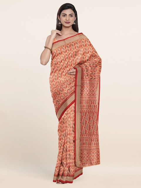 

Pothys Peach-Coloured & Gold-Toned Printed Cotton Blend Saree