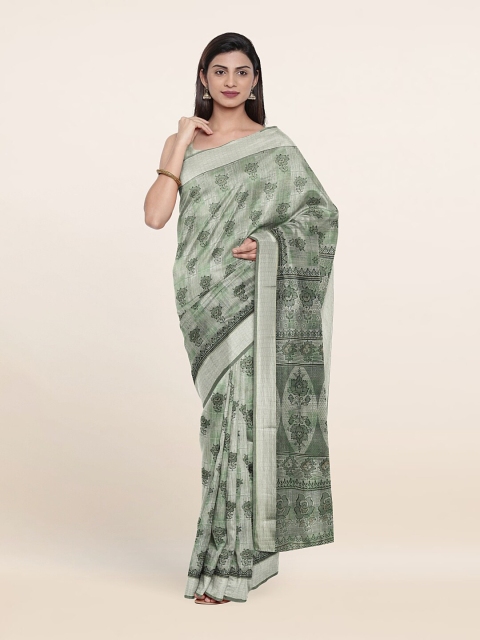 

Pothys Green & Silver-Toned Floral Printed Cotton Blend Saree
