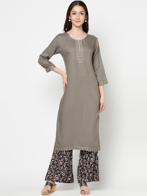 

Senyora Women Grey Solid Straight Kurta with Printed Palazzos