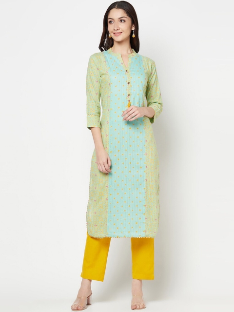 

Senyora Women Green Ethnic Motifs Printed Panelled Pure Cotton Kurta with Trousers