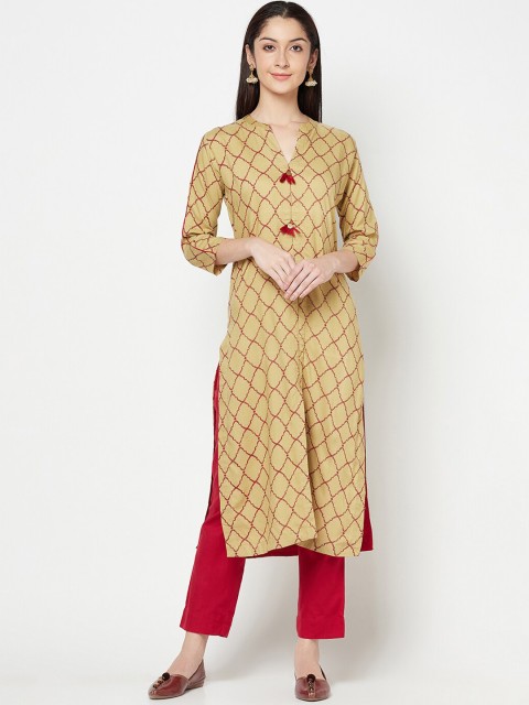 

Senyora Women Beige Floral Printed Straight Kurta with Trousers