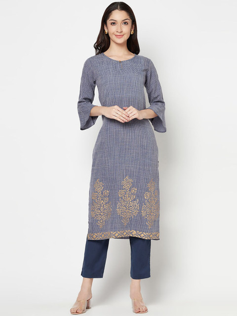 

Senyora Women Navy Blue Checked Kurta with Trousers