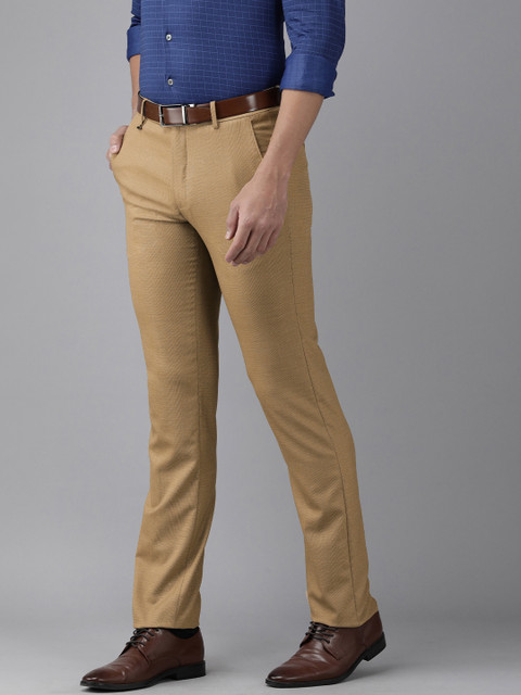 

Van Heusen Men Tan Self Designed Mid Rise Slim Fit Formal Trousers