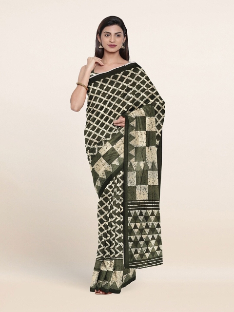 

Pothys Olive Green & Cream-Coloured Geometric Printed Saree