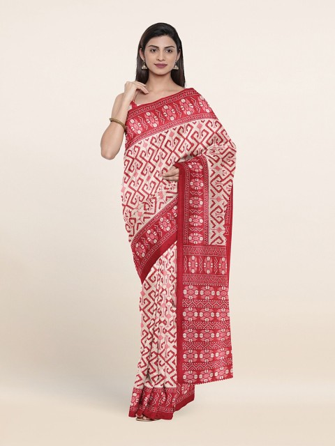 

Pothys Cream-Coloured & Red Printed Cotton Blend Saree