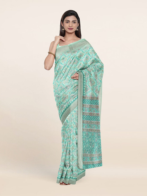 

Pothys Green & Silver-Toned Ethnic Motifs Zari Cotton Blend Saree