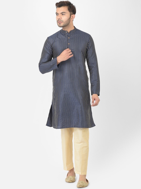 

DEYANN Men Navy Blue & Cream-Coloured Striped Kurta with Pyjamas