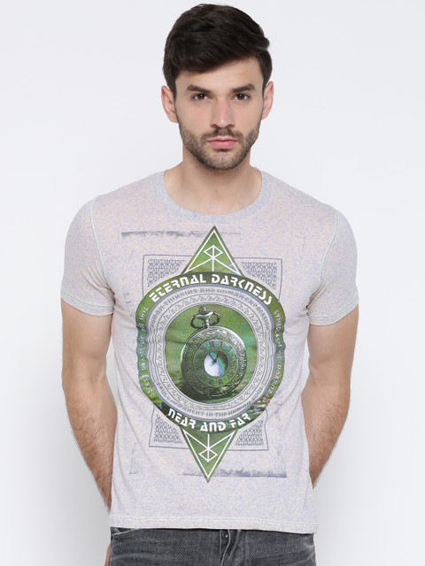 

Fort Collins Men Grey Melange Printed Round Neck T-shirt
