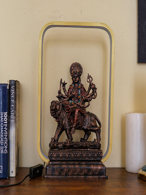 

StatueStudio Black Durga Sherawali Idol With LED Frame Statue Showpiece