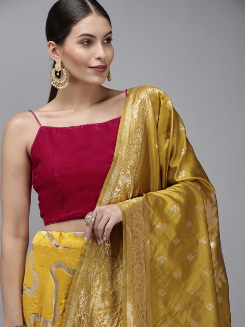 

DIVASTRI Yellow & Maroon Ready to Wear Lehenga & Unstitched Blouse With Dupatta