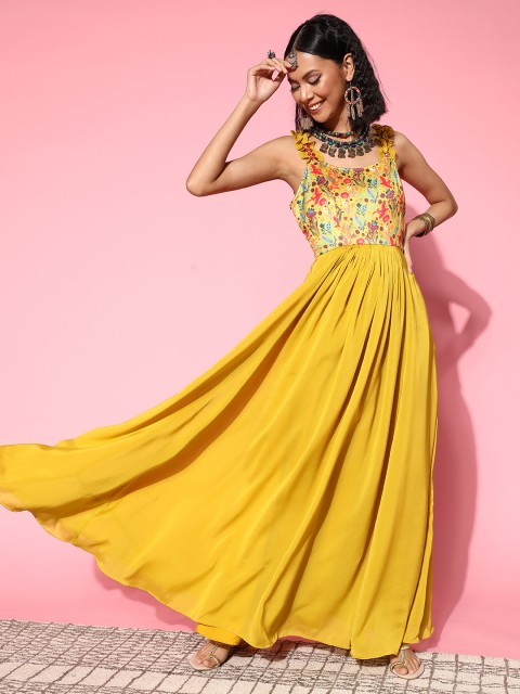 

Inddus Women Bright Mustard Floral Ethereal Embroidery Dress