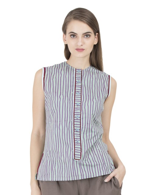 

GRASS by Gitika Goyal Green Striped Mandarin Collar Shirt Style Top