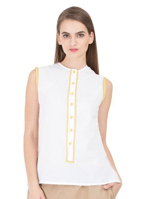 

GRASS by Gitika Goyal White Mandarin Collar Top