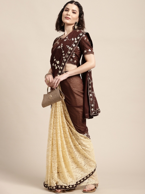 

DIVASTRI Brown & Beige Floral Self Design Gotta Patti Embroidered Saree