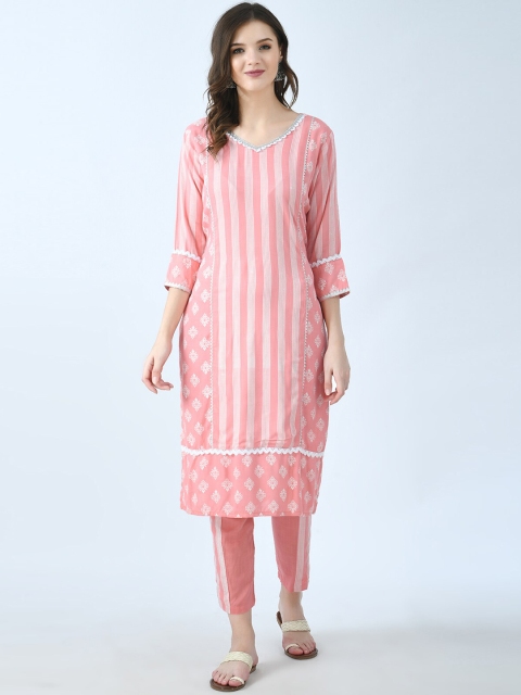 

MAFE Women Peach-Coloured Ethnic Motifs Striped Kurta with Trousers