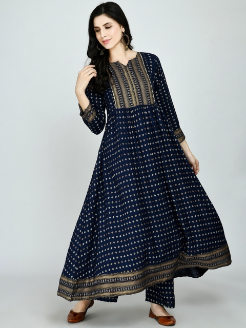 

MAFE Women Navy Blue & Gold-Toned Ethnic Motifs Printed Kurta with Palazzos