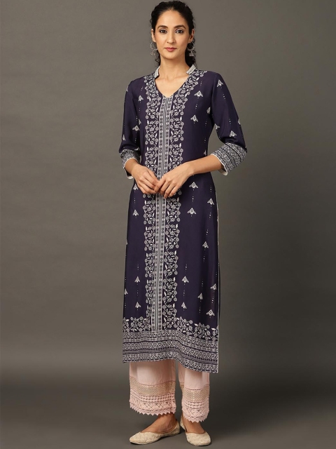 

Lakshita Women Navy Blue Geometric Embroidered Mirror Work Kaftan Kurta