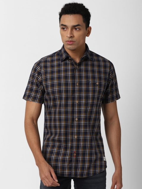 

VAN HEUSEN DENIM LABS Men Navy Blue Slim Fit Tartan Checked Casual Shirt
