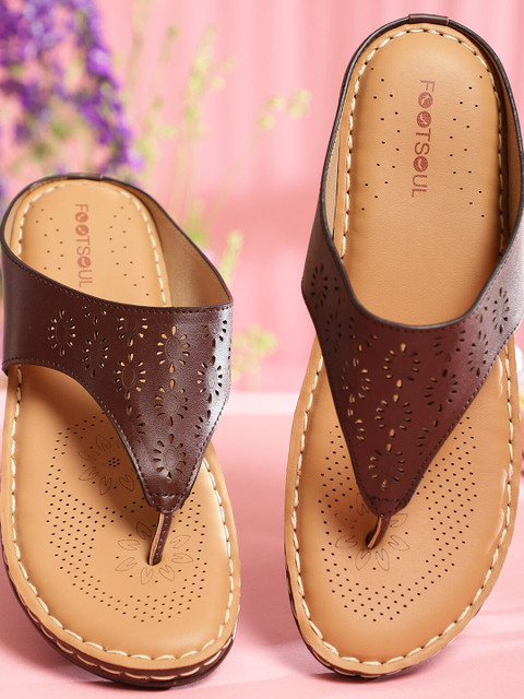 

FOOTSOUL Women Brown T-Strap Flats with Laser Cuts