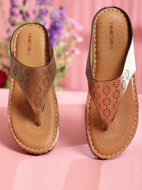 

FOOTSOUL Women Gold-Toned T-Strap Flats with Laser Cuts