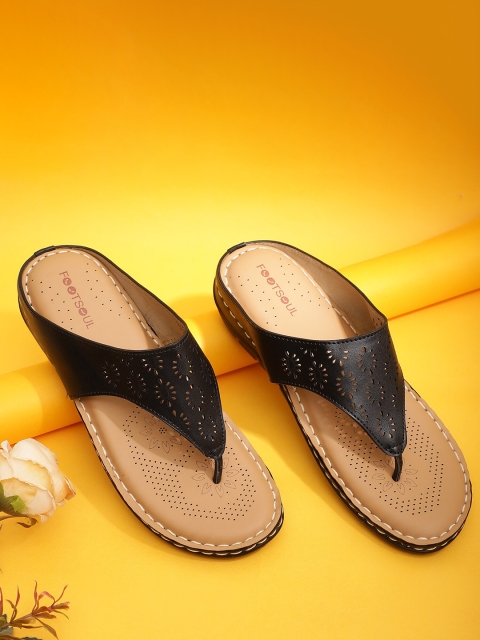 

FOOTSOUL Women Black T-Strap Flats with Laser Cuts