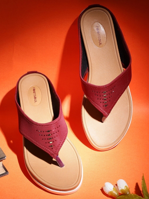 

FOOTSOUL Women Maroon T-Strap Flats with Laser Cuts