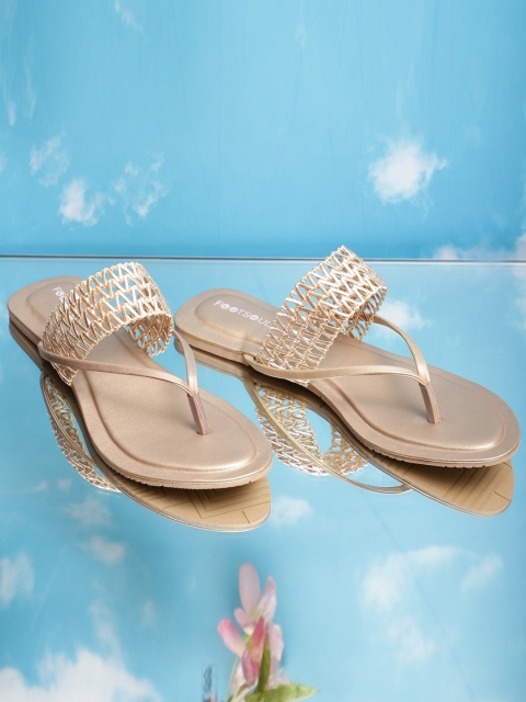 

FOOTSOUL Women Gold-Toned T-Strap Flats