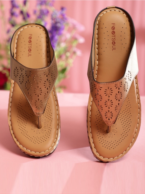 

FOOTSOUL Women Gold-Toned T-Strap Flats with Laser Cuts