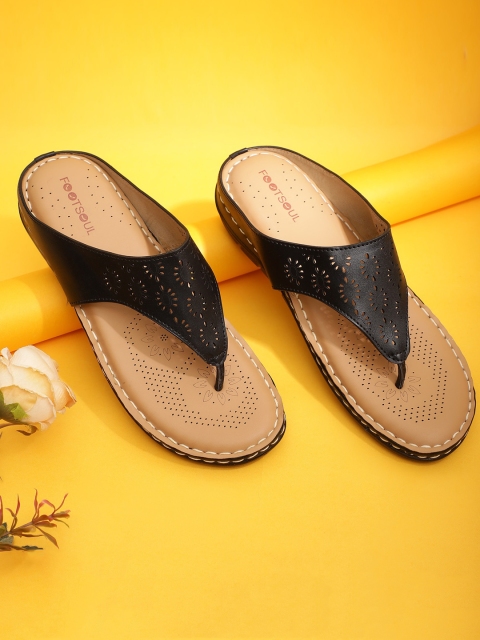 

FOOTSOUL Women Black T-Strap Flats with Laser Cuts