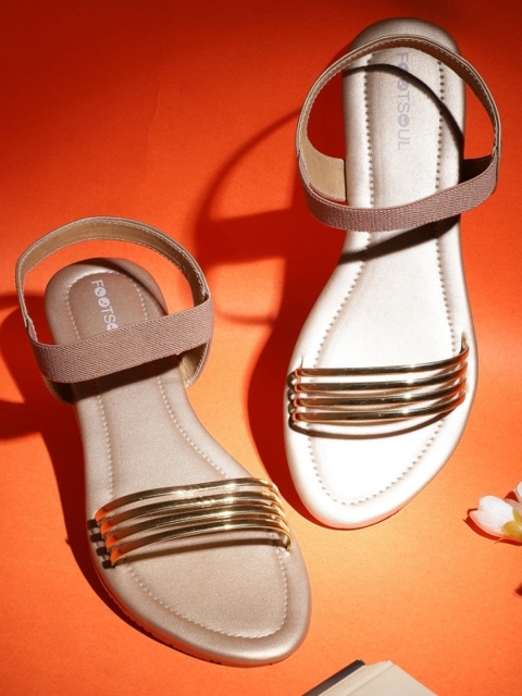 

FOOTSOUL Women Gold-Toned Striped Open Toe Flats