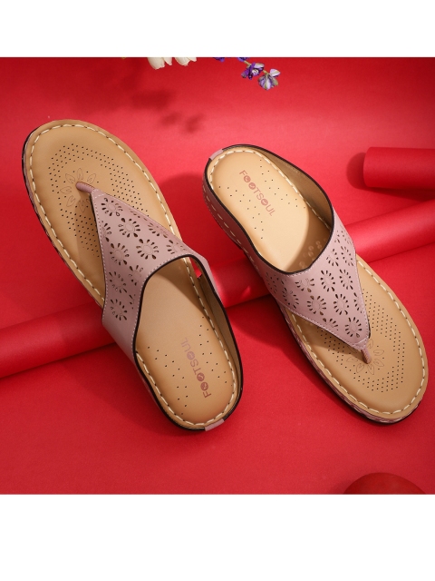 

FOOTSOUL Women Peach-Coloured T-Strap Flats with Laser Cuts