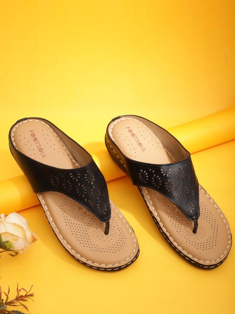 

FOOTSOUL Women Black T-Strap Flats with Laser Cuts