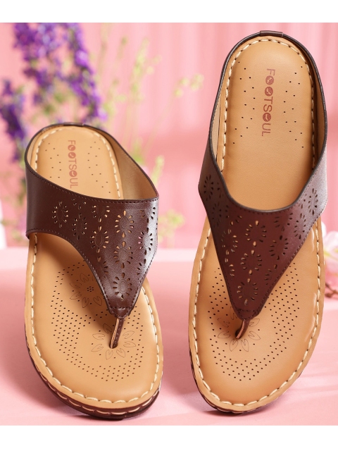 

FOOTSOUL Women Brown T-Strap Flats with Laser Cuts