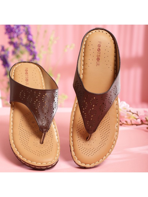 

FOOTSOUL Women Brown T-Strap Flats with Laser Cuts