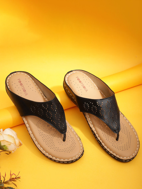 

FOOTSOUL Women Black T-Strap Flats with Laser Cuts