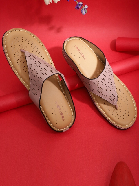 

FOOTSOUL Women Peach-Coloured T-Strap Flats with Laser Cuts