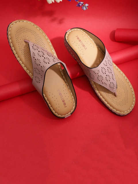 

FOOTSOUL Women Peach-Coloured T-Strap Flats with Laser Cuts
