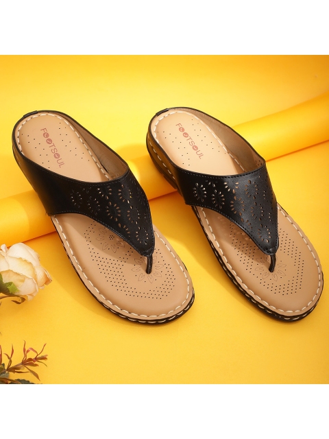 

FOOTSOUL Women Black T-Strap Flats with Laser Cuts