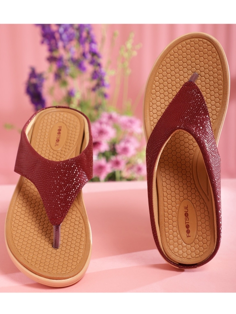 

FOOTSOUL Women Maroon Open Toe Flats with Laser Cuts