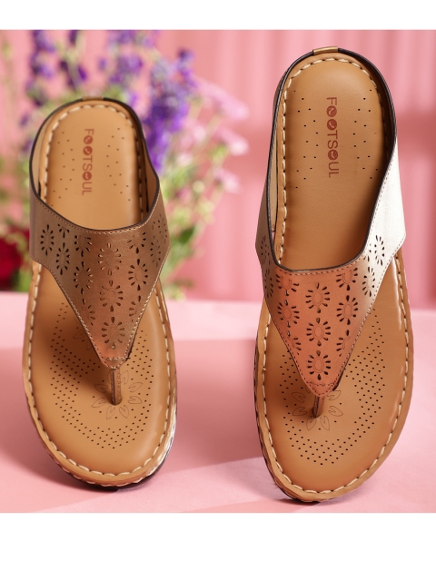 

FOOTSOUL Women Gold-Toned T-Strap Flats with Laser Cuts