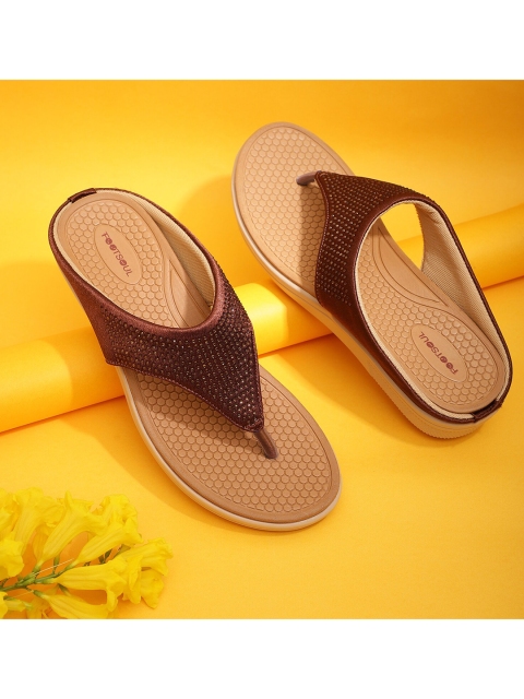 

FOOTSOUL Women Brown Embellished Open Toe Flats with Laser Cuts
